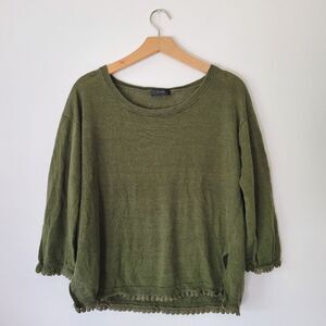 J. Crew 100% Linen Olive Green Knit Sweater 3/4 Sleeve Lightweight Small